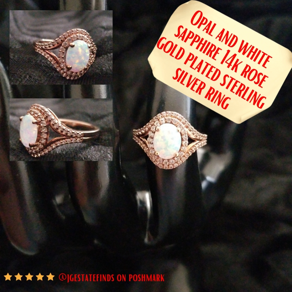 14k Rose Gold Plated Sterling Silver Ring Set with Opal and White Sapphire Gems